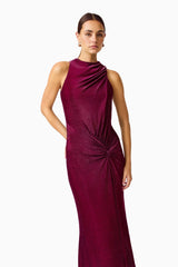 Genovia High Neck Gown in Garnet Pink with ruching details & high neckline close up hand on hip shot