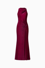 Genovia High Neck Gown in Garnet Pink with ruching details & high neckline ghost shot