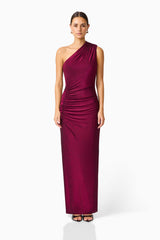 Model wearing Genovia One Shoulder Maxi Dress in Garnet Pink with asymmetrical neckline & column silhouette front shot