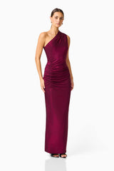 Model wearing Genovia One Shoulder Maxi Dress in Garnet Pink with asymmetrical neckline & column silhouette posed shot