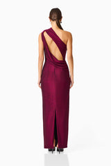 Model wearing Genovia One Shoulder Maxi Dress in Garnet Pink with cut out back & back split back shot