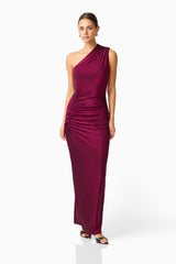 Model wearing Genovia One Shoulder Maxi Dress in Garnet Pink with asymmetrical neckline & column silhouette posed front shot