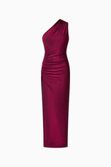 Model wearing Genovia One Shoulder Maxi Dress in Garnet Pink with asymmetrical neckline & column silhouette ghost shot