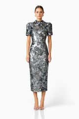 Titania Short Sleeve Midi Dress in Deep Silver with 3d flower trim front shot