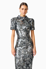 Titania Short Sleeve Midi Dress in Deep Silver with 3d flower trim front posed shot