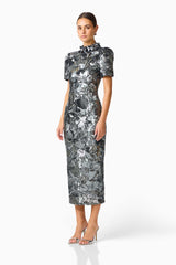 Titania Short Sleeve Midi Dress in Deep Silver with 3d flower trim side shot