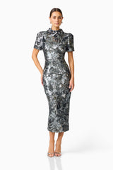 Titania Short Sleeve Midi Dress in Deep Silver with 3d flower trim posed shot