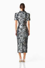 Titania Short Sleeve Midi Dress in Deep Silver with back zipper back shot