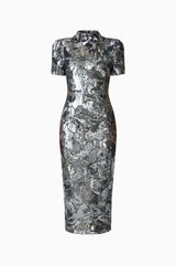 Titania Short Sleeve Midi Dress in Deep Silver with 3d flower trim ghost shot