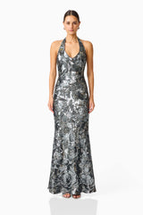 Titania Halter Gown in Deep Silver with Halter Neckline & sequin fabrication Front shot