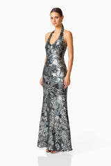 Titania Halter Gown in Deep Silver with Halter Neckline & sequin fabrication side shot