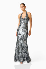 Titania Halter Gown in Deep Silver with Halter Neckline & sequin fabrication posed shot
