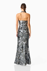 Titania Halter Gown in Deep Silver with Halter Neckline & sequin fabrication back shot