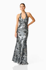 Titania Halter Gown in Deep Silver with Halter Neckline & sequin fabrication Front posed shot
