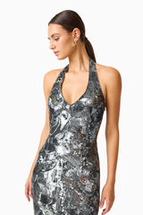 Titania Halter Gown in Deep Silver with Halter Neckline & sequin fabrication Close up posed shot
