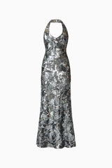 Titania Halter Gown in Deep Silver with Halter Neckline & sequin fabrication ghost shot