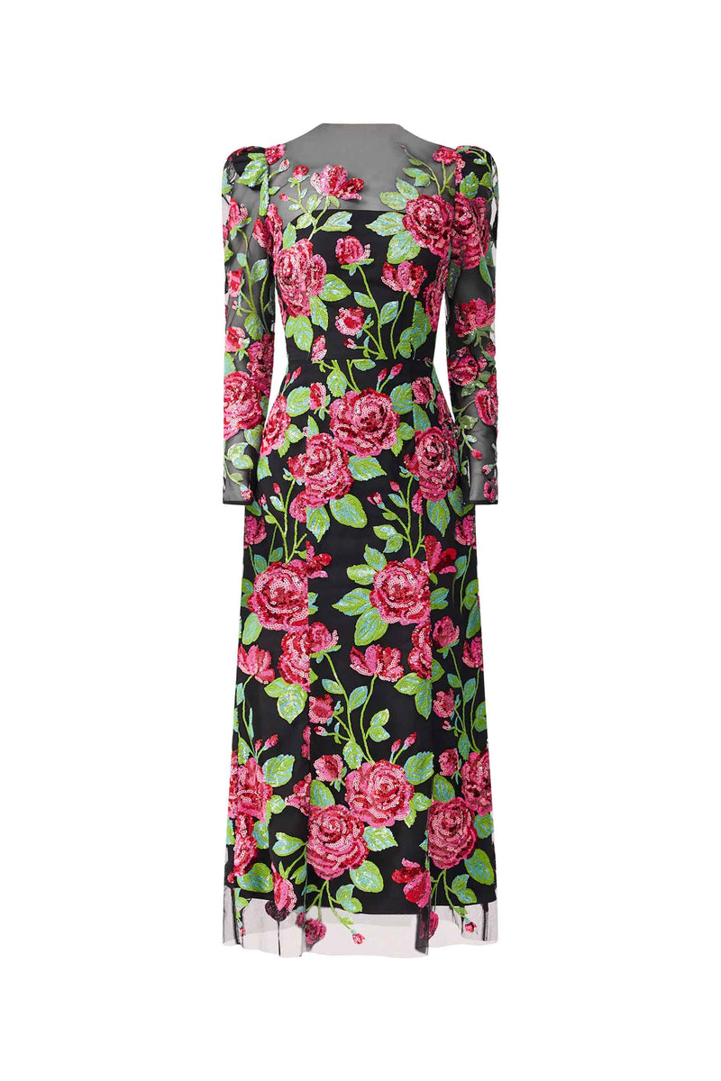 Lyra Sequin Long Sleeve Midi Dress in Pink & Green Floral ghost shot