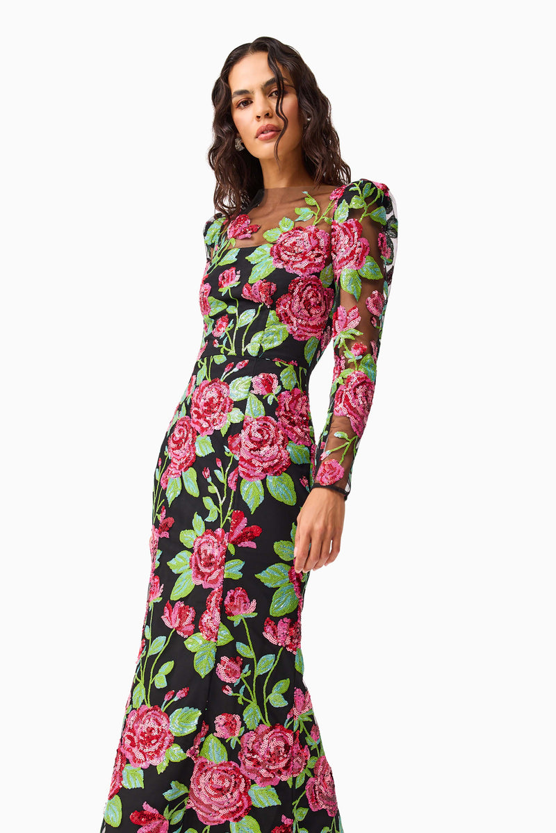 Lyra Sequin Long Sleeve Midi Dress - Pink & Green Floral - S - ELLIATT Lyra Sequin Long Sleeve Midi Dress - Pink & Green Floral - S - ELLIATT