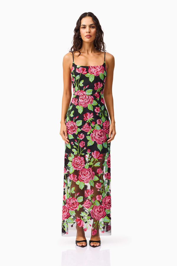 Brunette mode wearing the Lyra Sequin Gown in Pink & Green Floral front shot 