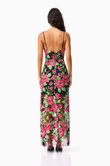 Brunette mode wearing the Lyra Sequin Gown in Pink & Green Floral back shot 