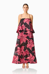 Elysia Tiered Gown in Black & Red Floral with jacquard fabrication & relaxed silhouette front shot