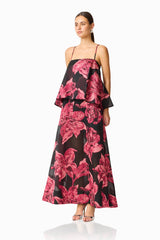 Elysia Tiered Gown in Black & Red Floral with jacquard fabrication & relaxed silhouette side shot