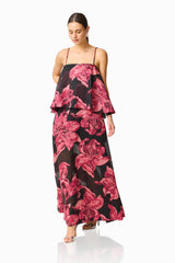 Elysia Tiered Gown in Black & Red Floral with jacquard fabrication & relaxed silhouette posed shot