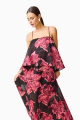 Elysia Tiered Gown in Black & Red Floral with jacquard fabrication & relaxed silhouette close up shot