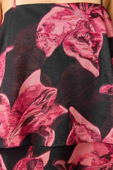 Elysia Tiered Gown in Black & Red Floral with jacquard fabrication & relaxed silhouette detail shot
