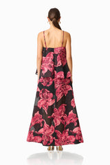 Elysia Tiered Gown in Black & Red Floral with jacquard fabrication & relaxed silhouette back shot