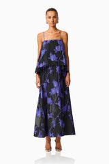 Elysia Tiered Gown in Black & Blue Floral with jacquard fabrication & relaxed fit front shot