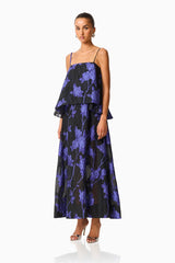 Elysia Tiered Gown in Black & Blue Floral with jacquard fabrication & relaxed fit side shot