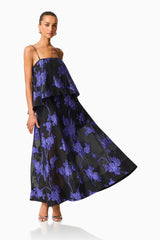 Elysia Tiered Gown in Black & Blue Floral with jacquard fabrication & relaxed fit posed shot