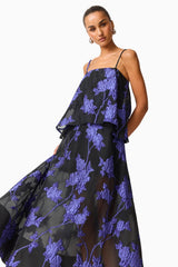 Elysia Tiered Gown in Black & Blue Floral with jacquard fabrication & relaxed fit close up posed shot