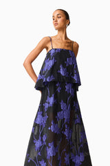 Elysia Tiered Gown in Black & Blue Floral with jacquard fabrication & relaxed fit close up looking away shot