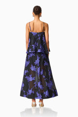 Elysia Tiered Gown in Black & Blue Floral with jacquard fabrication & back zipper back shot