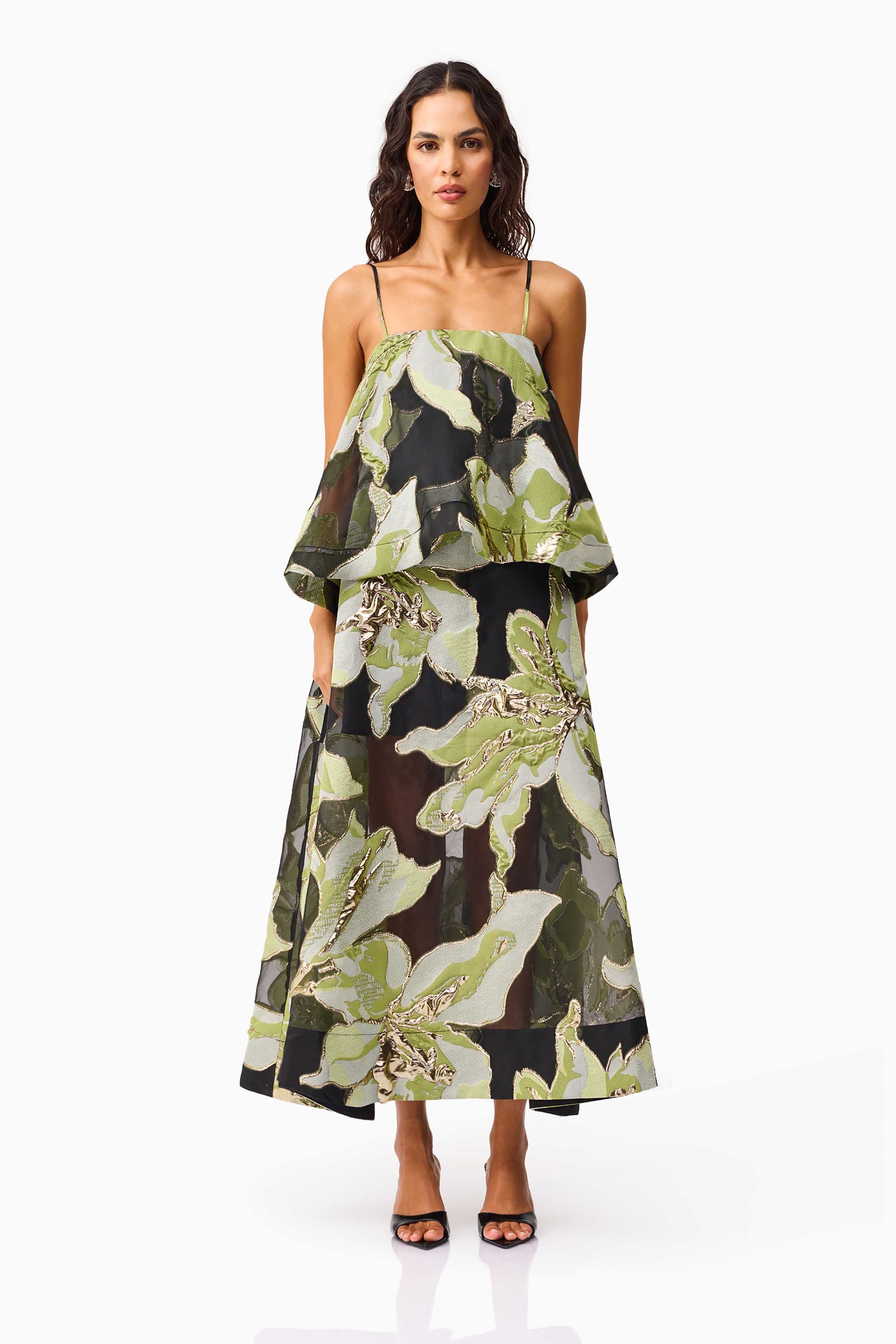 Elysia Tiered Gown in Black & Green Floral