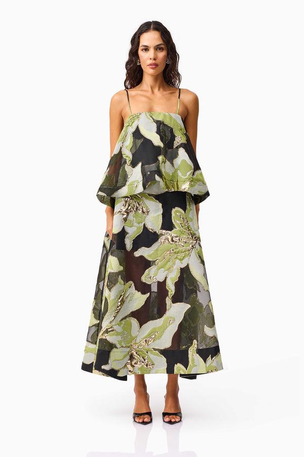 Brunette model wearing the Elysia Tiered Gown in Black & Green Floral front shot