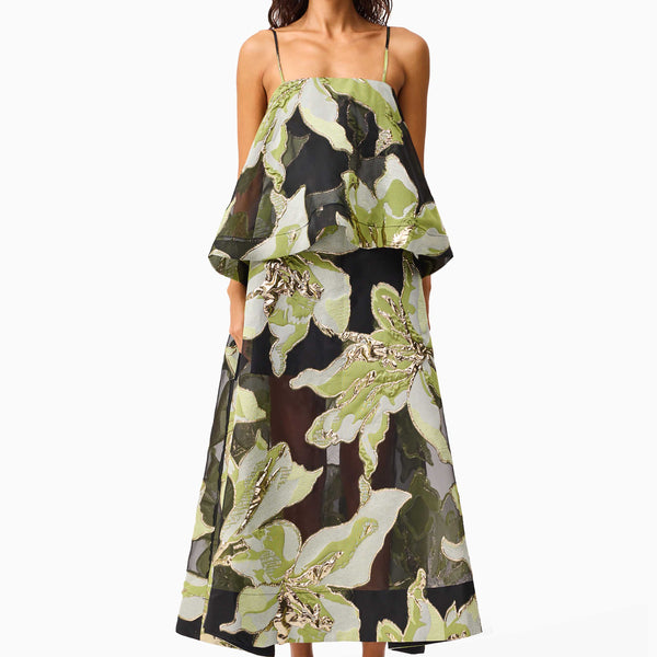 Elysia Tiered Gown in Black & Green Floral | Floral Jacquard Detailing Elliatt Elysia Tiered Gown in Black & Green Floral | Floral Jacquard Detailing Elliatt
