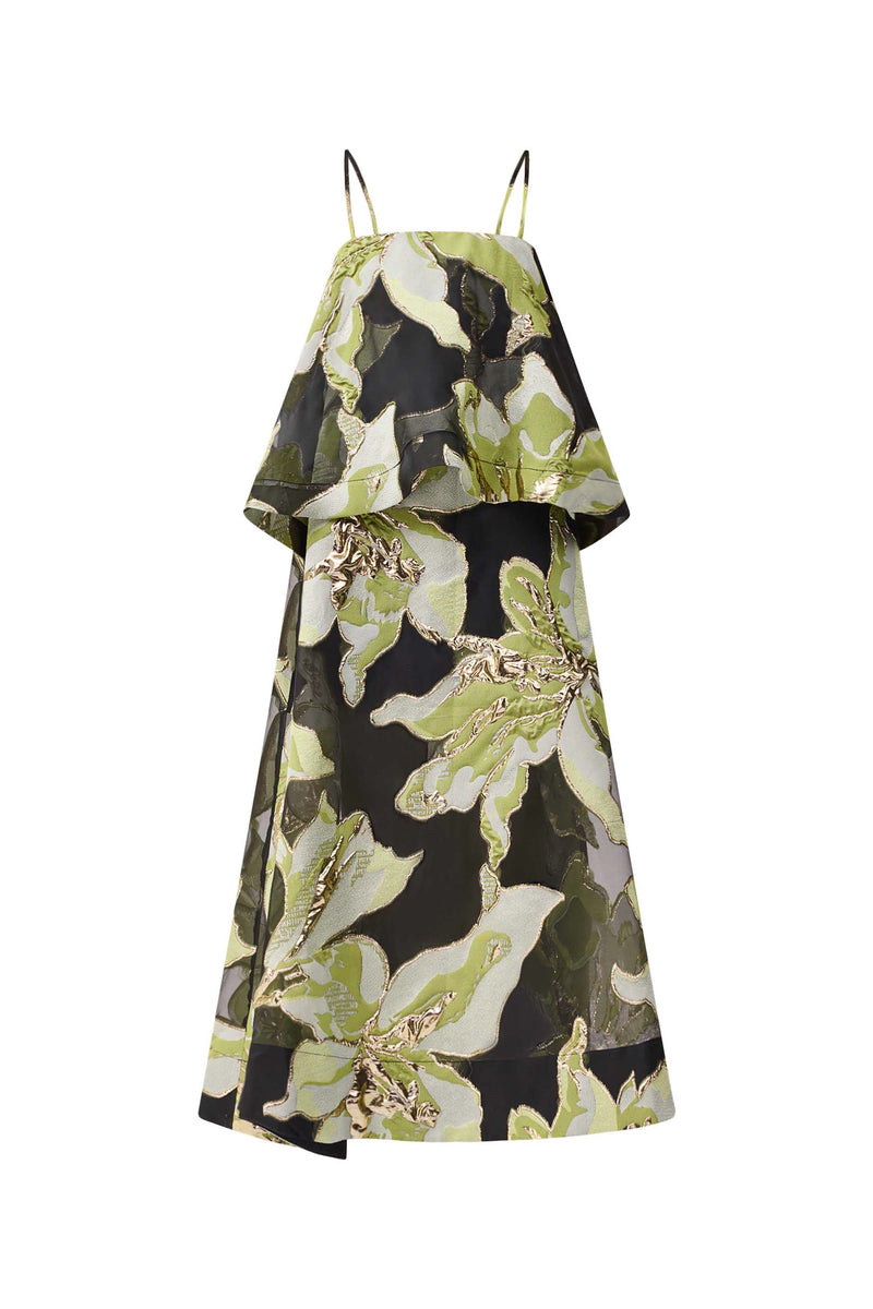 Elysia Tiered Gown in Black & Green Floral | Floral Jacquard Detailing Elliatt Elysia Tiered Gown in Black & Green Floral | Floral Jacquard Detailing Elliatt