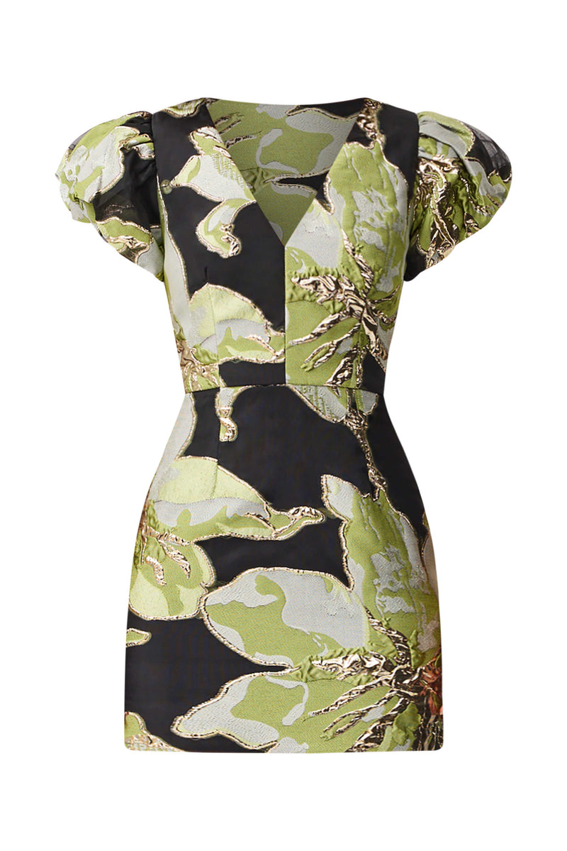 Elysia Cap Sleeve Mini Dress in Black & Green Floral ghost shot