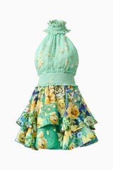 Estelle Halter Mini Dress in Green Floral ghost shot
