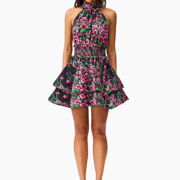Estelle Halter Mini Dress in Black & Pink Floral | Tiered Skirt  Elliatt