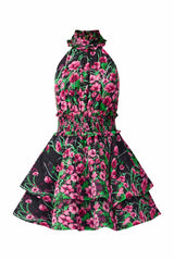 Estelle Halter Mini Dress in Black & Pink Floral front shot