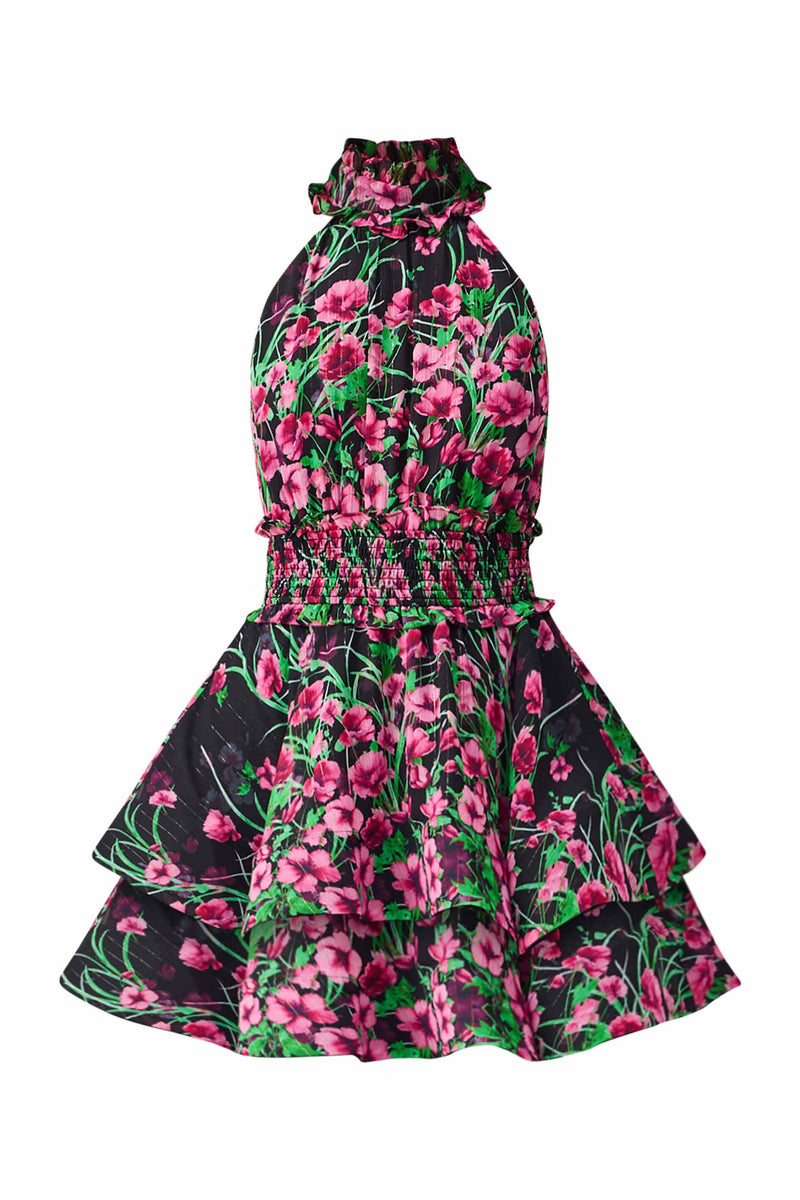 Estelle Halter Mini Dress in Black & Pink Floral front shot
