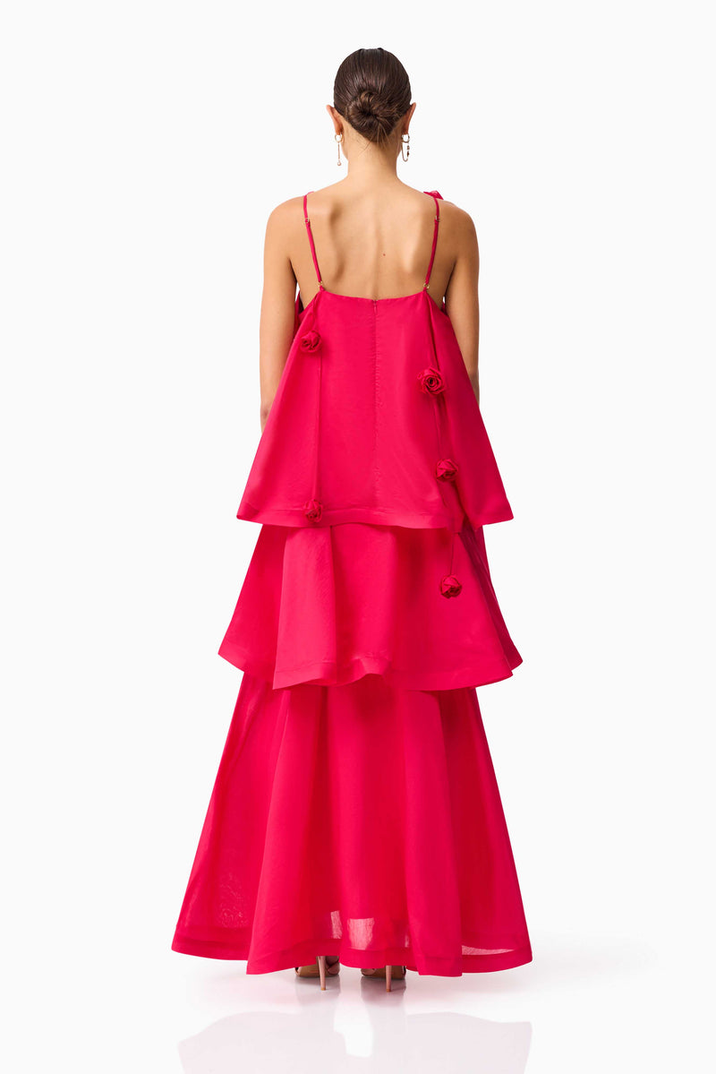 Brunette model wearing the Thalia Tiered Gown in Pink back shot