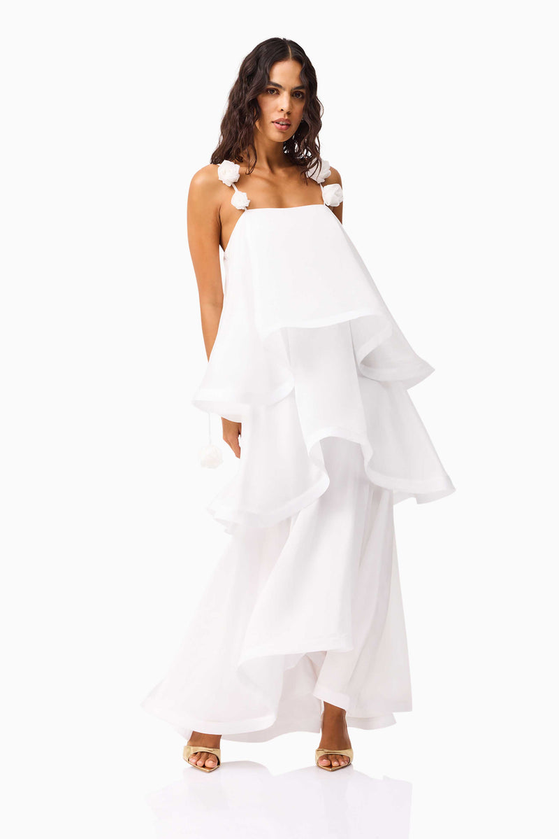 Brunette model wearing the Thalia Tiered Gown in White posed shot 