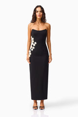 Brunette model wearing the Yasmine Strapless Maxi Dress in Black front shot 