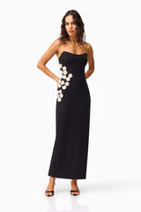 Brunette model wearing the Yasmine Strapless Maxi Dress in Black posed shot 