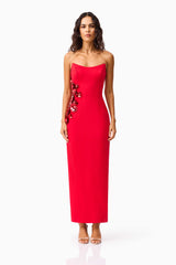 Brunette model wearing the Yasmine Strapless Maxi Dress in Red front shot 